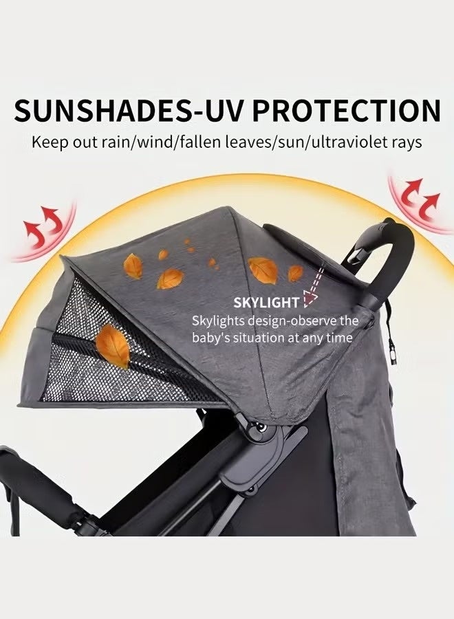 كيلا عربة أطفال فاخرة - عربة سفر خفيفة الوزن بتصميم مرتفع، قابلة للطي بيد واحدة، مزودة بمظلة كبيرة بسقف زجاجي، ونظام تعليق رباعي العجلات، وإمكانية تعديل وضعية الاستلقاء، وعجلات بزاوية 360 درجة. - Image 2